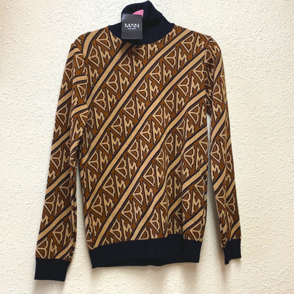 Boohoo Man - Men’s Pullover Brown B.M LOGO Print Sweater Size Small